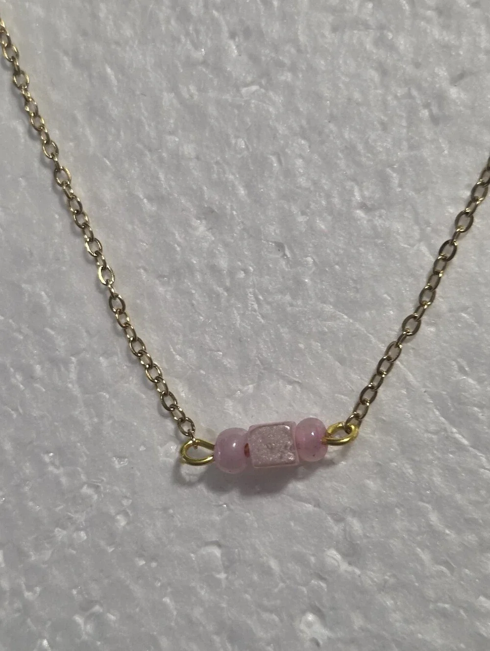 Handcrafted Gold Chain Station Necklace with Light Pink Bead Accents